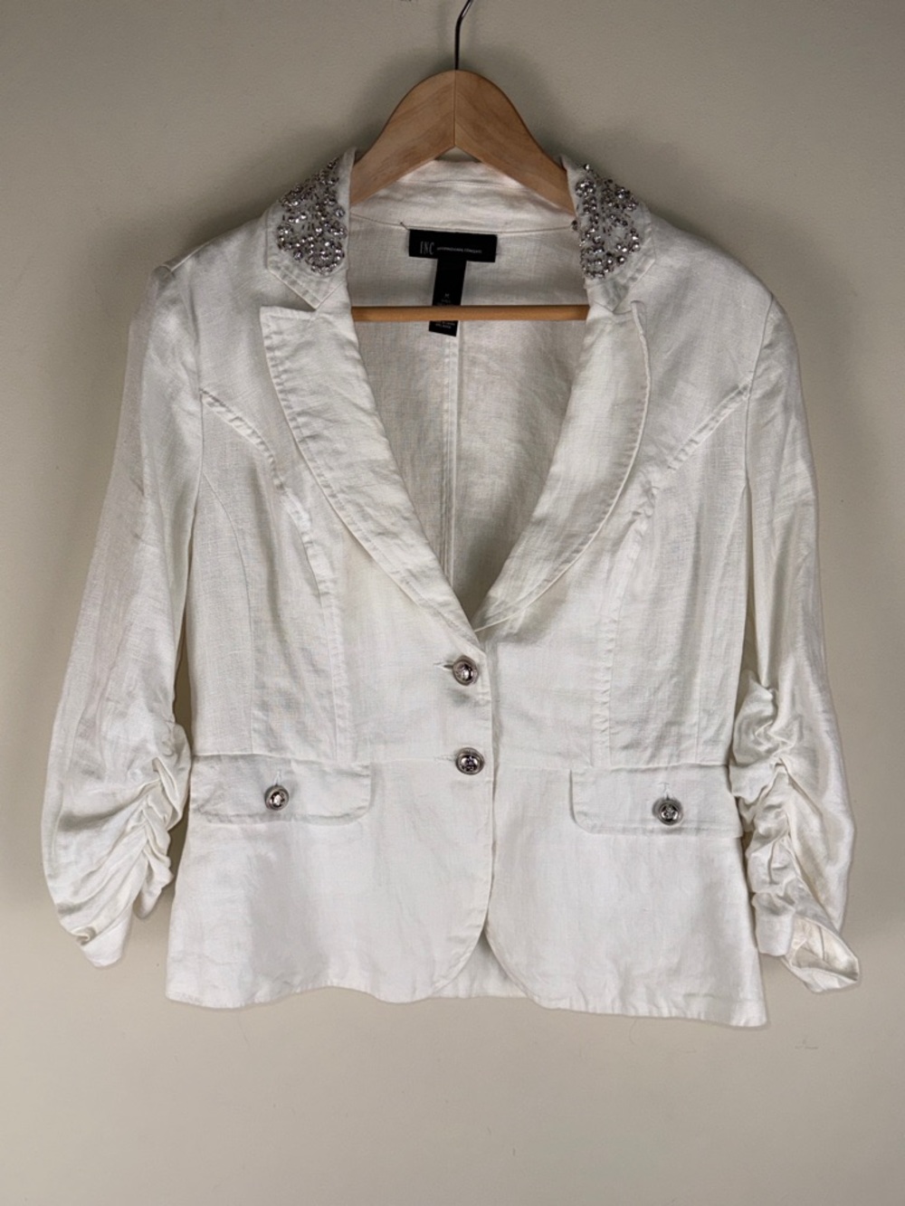 INC International Concepts Linen Blazer Embellished Collar & Ruched Sleeves Med.